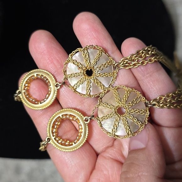 Gold Tone Multi Layered Open Circle Medallions Necklace, Mother of Pearl Discs - Picture 4 of 11
